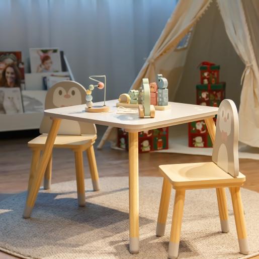 Set masuta, 2 scaune camera copii mdf lemn multicolor Pinguin 50x50x42,5 cm, 25,5x29x49,5 cm