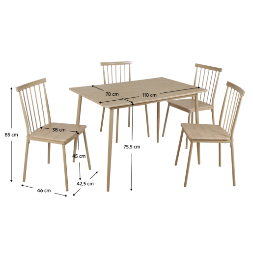 Set masa, 4 scaune mdf metal natur Sendo 110x70x75,5 cm, 42,5x46x85 cm