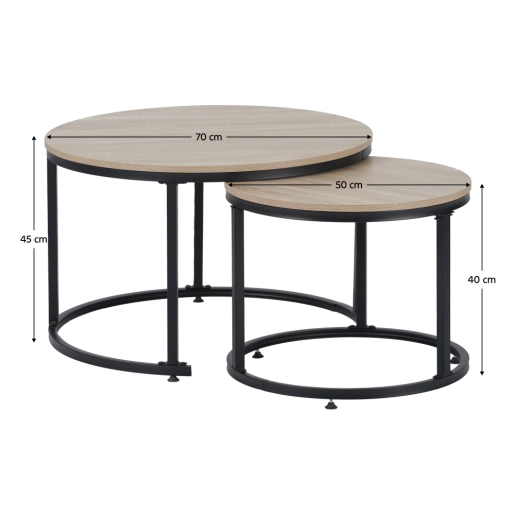 Set 2 masute cafea mdf laminat stejar sonoma metal negru Tarni 70x45 cm, 50x40 cm