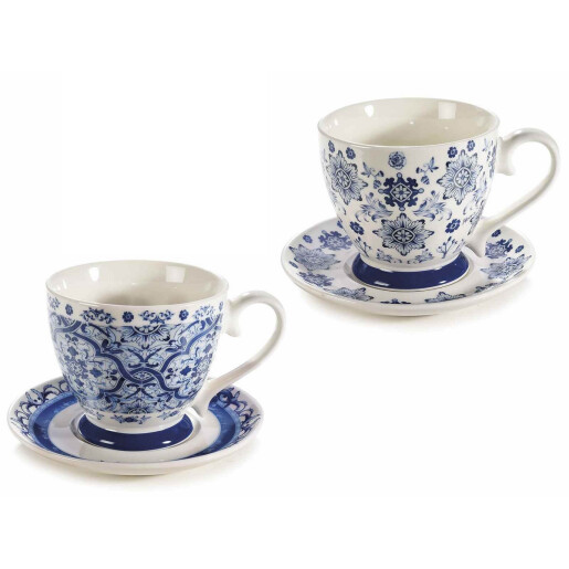 Set 2 cesti portelan alb albastru 10.5x9.5 cm, 400 ml