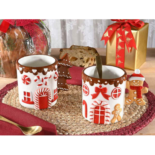 Set 4 cani Craciun ceramica multicolora Ø 9,5 cm x 10 H, 400 ml