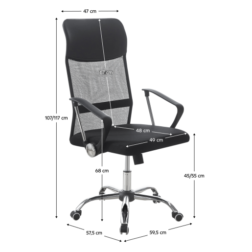 Scaun birou piele ecologica neagra crom 59,5x57,5x107-117 cm