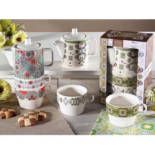 Set 2 ceainice, 4 cesti portelan multicolor 14x8x20 cm, 320 ml, 190 ml