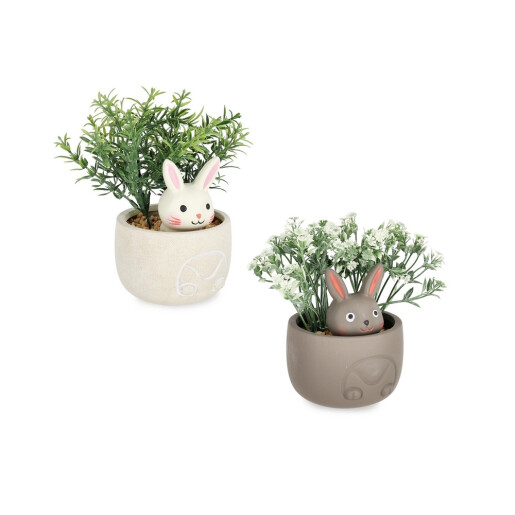 Set 2 plante artificiale verzi in ghiveci ceramica Iepurasi Ø10x14h