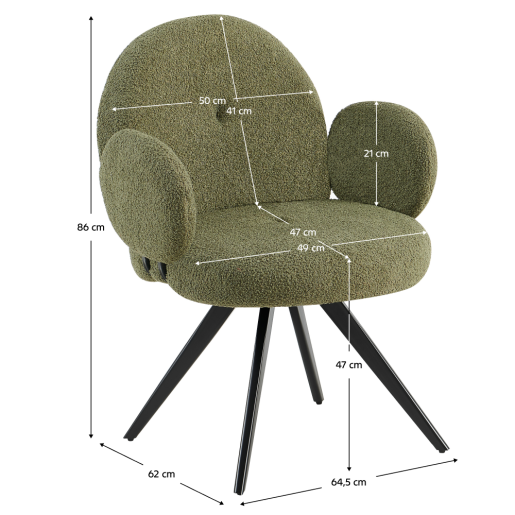 Scaun dining pivotant textil verde buclat metal negru Vasala 64,5x62x86 cm