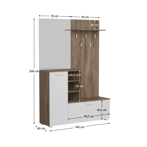 Set mobilier hol PAL stejar ansberg alb Vetlanda 140x40x200 cm