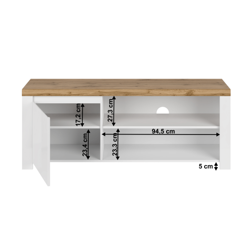 Comoda TV DTD alb lucios stejar wotan Vilgo 156x41.5x61 cm