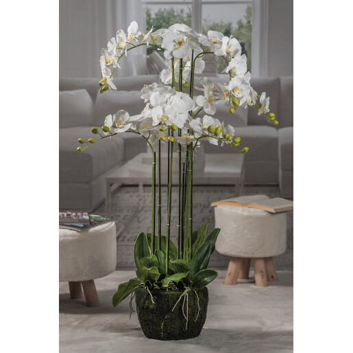Orhidee artificiala alba verde in ghiveci  66 flori 28 x 110 cm