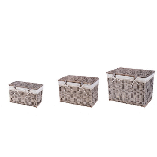 Set 3 cosuri depozitare lemn salcie gri textil alb 43 x 23 x 26, 50 x 30 x 33,  57 x 37 x 40 cm