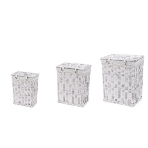 Set 3 cosuri rufe, depozitare lemn salcie textil alb 30,5 x 20,5 x 40, 37 x 26,5 x 47, 44 x 33 x 56 cm