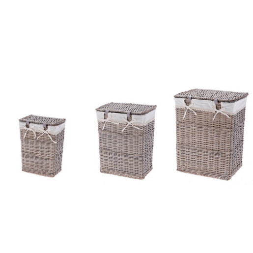 Set 3 cosuri rufe, depozitare lemn salcie textil gri 30,5 x 20,5 x 40, 37 x 26,5 x 47, 44 x 33 x 56 cm