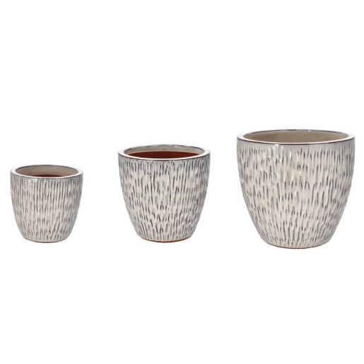 Set 3 ghivece flori ceramica crem argintie 24,5 x 23 cm, 31 x 29,5 cm, 38 x 35 cm