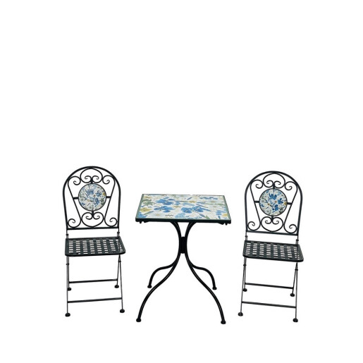 Set mobilier gradina masa, 2 scaune ciment fier multicolor decor Floral 60 x 60 x 72, 35 x 37 x 92 cm