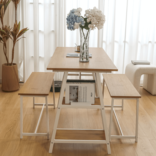 Set mobilier dining 1+2 stejar alb Zafar 120x60x75 cm, 85x30x45 cm