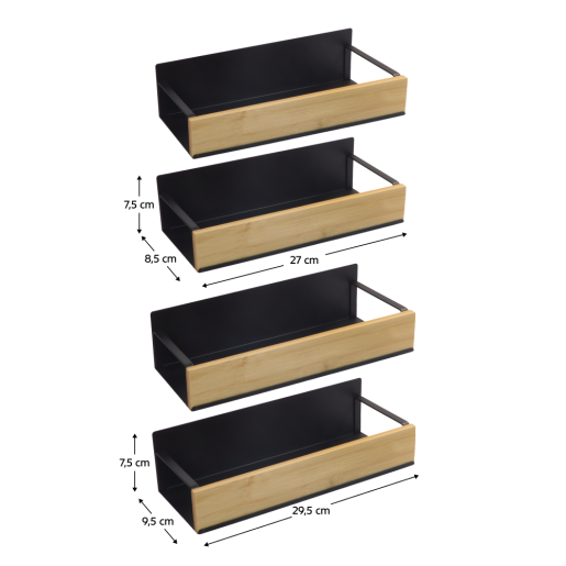 Set 4 polite otel negru bambus maro Zober 2 x 27x8,5x7,5 cm, 2 x 29,5x9,5x7,5 cm
