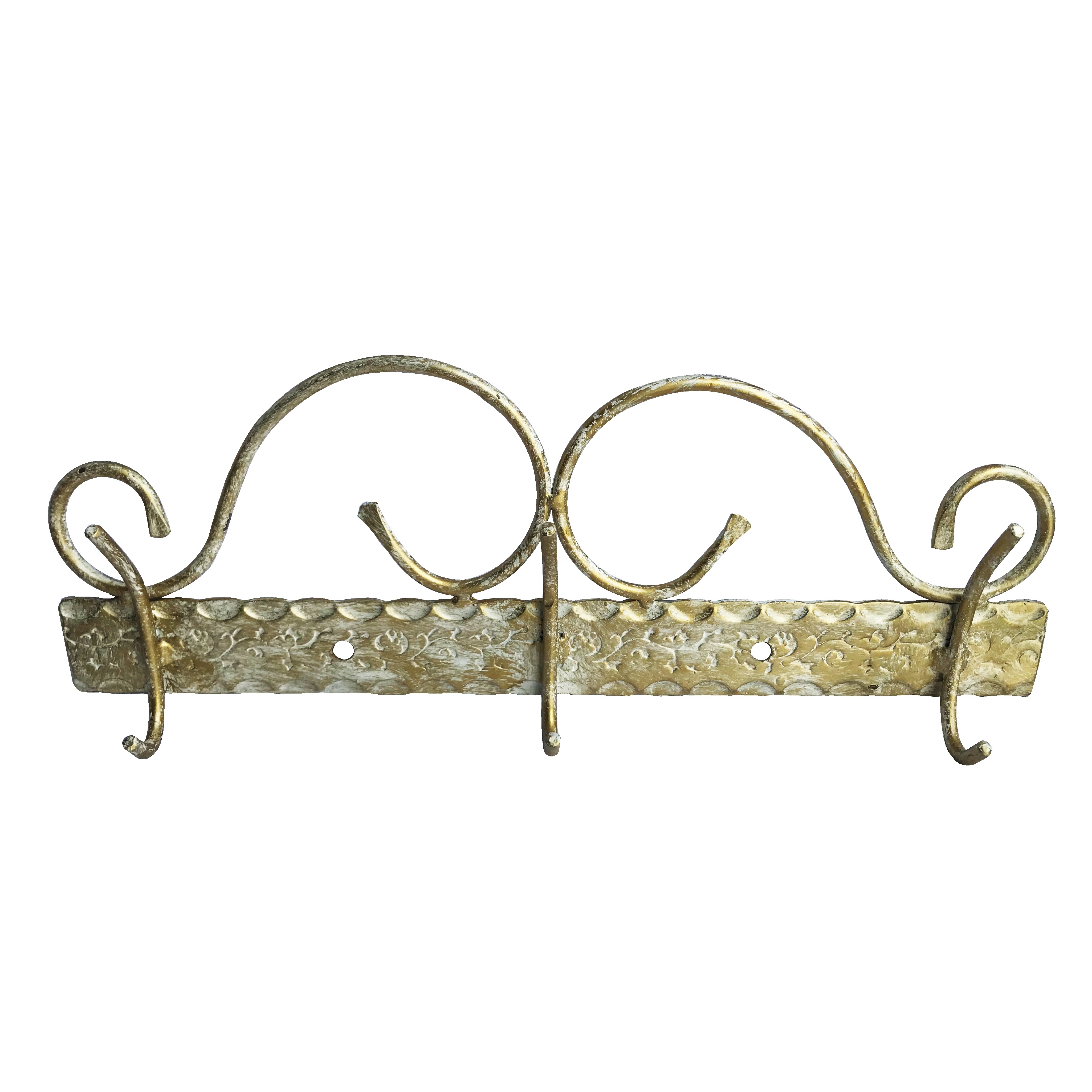 Cuier Perete Din Fier Forjat Alb Cu Patina Aurie 37 X 10 Cm Decorer