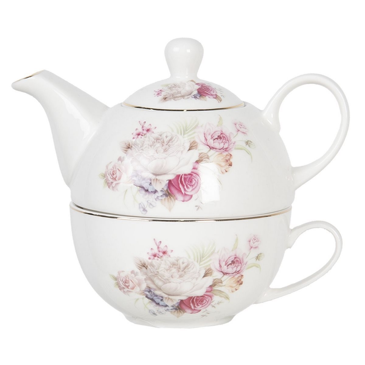 casetă porumbel Rău  Set ceainic cu ceasca din portelan alb cu decor floral roz 17 cm x 11 cm x  14 h - Decorer