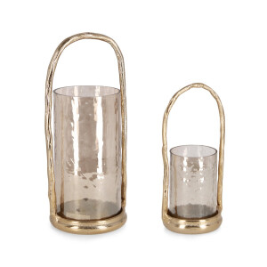 Set 2 suporturi lumanari sticla aluminiu auriu Sagar 11x9x22h; 13x12x31h