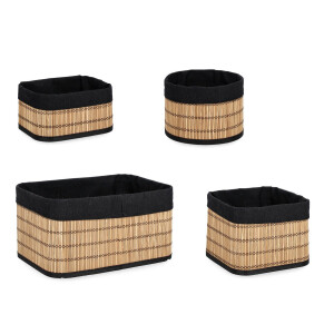 Set 4 cosuri bambus natur textil negru Sintia Ø19x13,5h; 20x15x10h; 20x20x15h; 33x23x17h