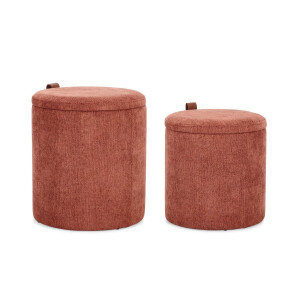 Set 2 tabureti mdf textil caramiziu piele maro Katia 34.5x36 cm; 39x44 cm