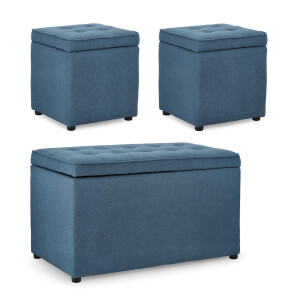 Set bancuta, 2 tabureti textil albastru Derrick 40x40x40 cm; 89x48x51 cm