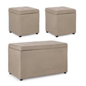 Set bancuta, 2 tabureti textil taupe Derrick 40x40x40 cm; 89x48x51 cm