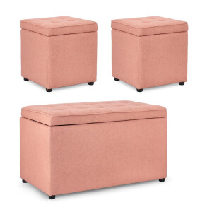 Set bancuta, 2 tabureti textil roz blush Derrick 40x40x40 cm; 89x48x51 cm