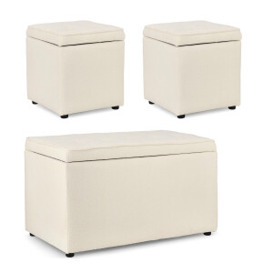 Set bancuta, 2 tabureti textil alb Derrick 40x40x40 cm; 89x48x51 cm