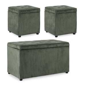 Set bancuta, 2 tabureti textil verde Derrick 40x40x40 cm; 89x48x51 cm