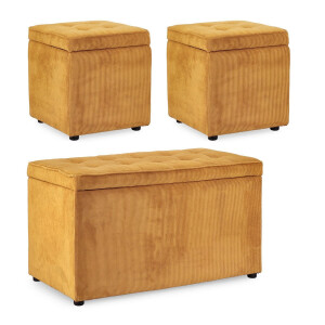 Set bancuta, 2 tabureti textil ocru Dylan 40x40x40 cm; 89x48x51 cm