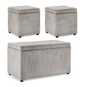 Set bancuta, 2 tabureti textil gri Dylan 40x40x40 cm; 89x48x51 cm