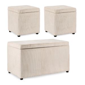 Set bancuta, 2 tabureti textil alb Dylan 40x40x40 cm; 89x48x51 cm