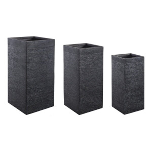 Set 3 ghivece flori fibra sticla neagra Graffiti 26x26x60h/ 33x33x70h/ 40x40x77h