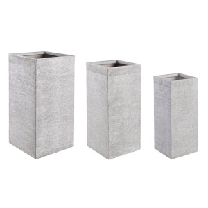 Set 3 ghivece flori fibra sticla alba Graffiti 26x26x60h/ 33x33x70h/ 40x40x77h