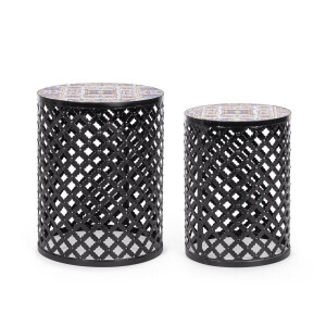 Set 2 masute cafea otel ceramica multicolora Mykonos Ø30x41h; ø35x45h