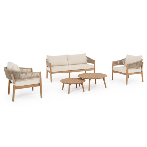 Set mobilier gradina, terasa canapea, 2 fotolii, masuta cafea lemn masiv maro perne crem Thiago 160x76x84 cm
