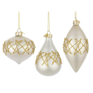 Set 12 globuri Craciun sticla alba aurie Embellish 6,5x6,5x10h; 8x8x7,8h; 6,5x6,5x12,7h