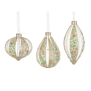 Set 12 globuri Craciun sticla multicolora Spangly 7x7x10,5h; 8x8x8,1h; 6,1x6,1x12,9h
