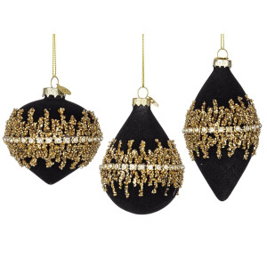 Set 12 globuri brad Craciun sticla catifea neagra sclipici auriu Luxury 7,3x7,3x10,3h; 8,5x8,5x8h; 7x7x12,3h