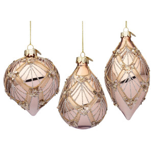 Set 12 globuri brad Craciun sticla rose gold paiete Lux 6,8x6,8x10,3h; 7,7x7,7x9h; 6,5x6,5x12,7h