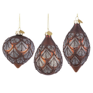 Set 12 globuri brad Craciun sticla maro bronz sclipici argintiu Winslows 7x7x10,7h; 8x8x9,3h; 7x7x13h