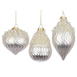 Set 12 globuri brad Craciun sticla alba argintie Pearly 6,5x6,5x9,6h; 8x8x8,6h; 6,9x6,9x13,1h