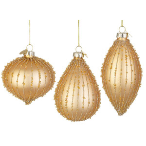 Set 12 globuri brad Craciun sticla sclipici auriu String 7x7x10,8h; 7,9x7,9x8,2h; 6,2x6,2x13h