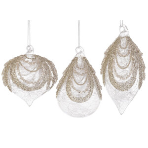 Set 12 globuri brad Craciun sticla transparenta sclipici auriu Locket 7,1x7,1x10,5h; 8x8x9,1h; 6,8x6,8x13h