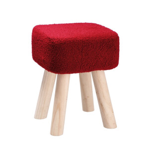 Taburet textil buclat rosu lemn natur 26 x 26 x 34,5 cm