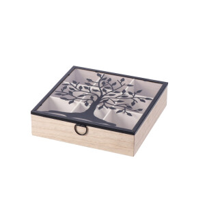Cutie pliculete ceai, compartimentata lemn natur, sticla 23,5 x 23,5 x 6 cm