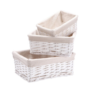 Set 3 cosuri depozitare lemn salcie alb textil crem 27,5 x 19 x 11,5 cm, 32 x 23,5 x 14 cm, 38 x 28 x 16,5 cm