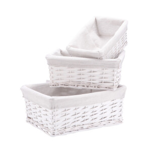 Set 3 cosuri depozitare lemn salcie alb textil  27,5 x 19 x 11,5 cm, 32 x 23,5 x 14 cm, 38 x 28 x 16,5 cm