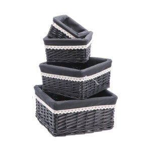 Set 4 cosuri depozitare lemn rachita negru 15 x 15 x 9,5 cm, 20 x 20 x 12 cm, 25,5 x 25,5 x 13 cm, 30 x 30 x 15 cm