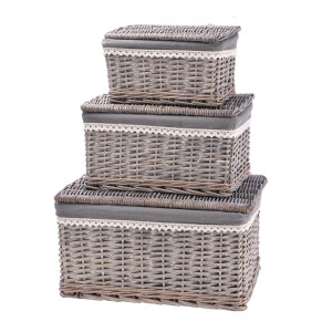 Set 3 cosuri depozitare lemn rachita gri 28,5 x 20 x 15 cm, 37 x 26,5 x 20 cm, 44,5 x 33,5 x 22,5 cm